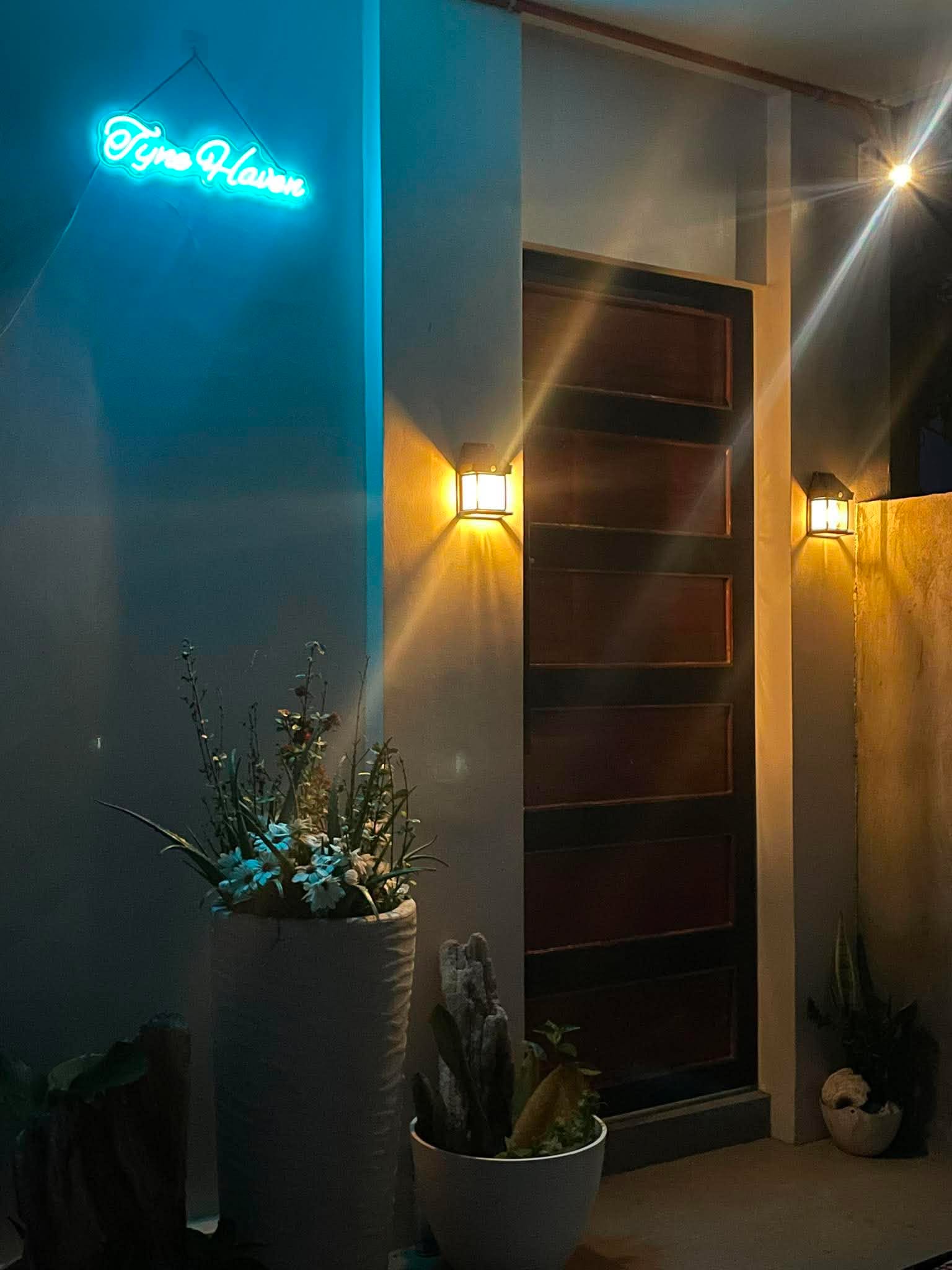 Illuminated entrance to Tyne Haven